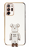 Eiroo Samsung Galaxy Note 20 Ultra Baby Bear Standlı Beyaz Silikon Kılıf