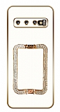 Eiroo Samsung Galaxy S10 Kare Gold Taş Standlı Kamera Korumalı Beyaz Silikon Kılıf