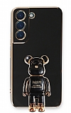 Eiroo Samsung Galaxy S21 FE Baby Bear Standlı Siyah Silikon Kılıf