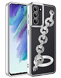 Eiroo Samsung Galaxy S21 FE 5G Kamera Korumalı Halka Zincirli Silver Silikon Kılıf