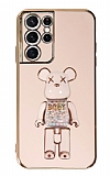 Eiroo Samsung Galaxy S21 Ultra Candy Bear Standl Pembe Silikon Klf