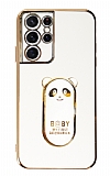 Eiroo Samsung Galaxy S21 Ultra Baby Panda Standl Beyaz Silikon Klf