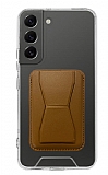 Eiroo Samsung Galaxy S22 5G Kahverengi Kartlıklı Standlı Ultra Koruma Kılıf