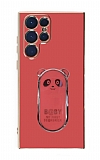 Eiroo Samsung Galaxy S22 Ultra 5G Baby Panda Standlı Kırmızı Silikon Kılıf