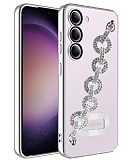 Eiroo Samsung Galaxy S23 Kamera Korumalı Halka Zincirli Silver Silikon Kılıf
