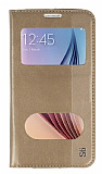 Samsung i9800 Galaxy S6 Gizli Mıknatıslı Çift Pencereli Gold Kılıf