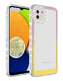 Eiroo Shimmer Samsung Galaxy A03 Kamera Korumalı Pembe-Sarı Silikon Kılıf