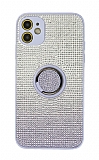 Eiroo Shining iPhone 11 Yüzük Tutuculu Taşlı Mor Silikon Kılıf