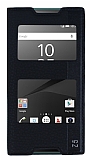 Sony Xperia Z5 Gizli Mıknatıslı Çift Pencereli Siyah Deri Kılıf