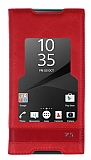 Sony Xperia Z5 Gizli Mıknatıslı Pencereli Kırmızı Deri Kılıf