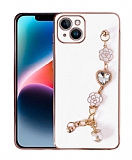 Eiroo Taka iPhone 15 Plus Kamera Korumalı Zincirli Beyaz Silikon Kılıf