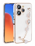 Eiroo Taka iPhone 15 Pro Kamera Korumalı Zincirli Beyaz Silikon Kılıf