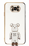 Eiroo Xiaomi Poco X3 Baby Bear Standlı Beyaz Silikon Kılıf