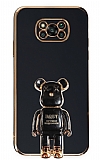 Eiroo Xiaomi Poco X3 Baby Bear Standlı Siyah Silikon Kılıf