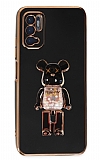 Eiroo Xiaomi Redmi Note 11 SE Candy Bear Standlı Siyah Silikon Kılıf