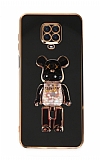 Eiroo Xiaomi Redmi Note 9 Pro Max Candy Bear Standlı Siyah Silikon Kılıf