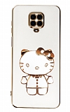 Eiroo Xiaomi Redmi Note 9S Aynal Kitty Standl Beyaz Silikon Klf