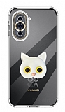 Huawei Nova 10 Kedi Figürlü Telefon Tutuculu Beyaz Silikon Kılıf