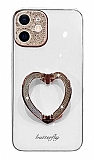 iPhone 12 Taşlı Kamera Korumalı Kalpli Silikon Beyaz Cam Kılıf