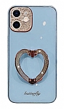 iPhone 12 Taşlı Kamera Korumalı Kalpli Silikon Mavi Cam Kılıf