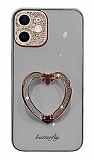 iPhone 12 Taşlı Kamera Korumalı Kalpli Silikon Gri Cam Kılıf