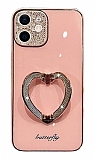 iPhone 11 Taşlı Kamera Korumalı Kalpli Silikon Pembe Cam Kılıf