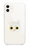 iPhone 12 Kedi Figürlü Telefon Tutuculu Beyaz Silikon Kılıf