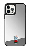 iPhone 12 Pro Kedi Figürlü Aynalı Silver Rubber Kılıf