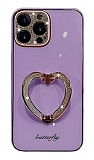 iPhone 12 Pro Max Taşlı Kamera Korumalı Kalpli Silikon Mor Cam Kılıf