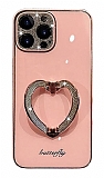 iPhone 12 Pro Max Taşlı Kamera Korumalı Kalpli Silikon Pembe Cam Kılıf