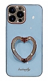 iPhone 12 Pro Taşlı Kamera Korumalı Kalpli Silikon Mavi Cam Kılıf