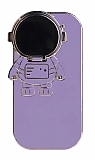 iPhone 13 Astronot Kamera Korumalı Standlı Mor Silikon Kılıf