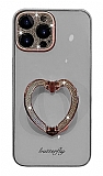 iPhone 13 Pro Max Taşlı Kamera Korumalı Kalpli Silikon Gri Cam Kılıf
