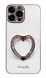 iPhone 13 Pro Max Taşlı Kamera Korumalı Kalpli Silikon Beyaz Cam Kılıf