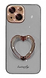 iPhone 13 Taşlı Kamera Korumalı Kalpli Silikon Gri Cam Kılıf