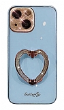 iPhone 13 Taşlı Kamera Korumalı Kalpli Silikon Mavi Cam Kılıf