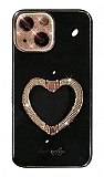 iPhone 13 Taşlı Kamera Korumalı Kalpli Silikon Siyah Cam Kılıf