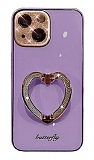 iPhone 13 Taşlı Kamera Korumalı Kalpli Silikon Mor Cam Kılıf