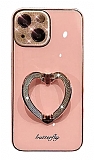 iPhone 13 Taşlı Kamera Korumalı Kalpli Silikon Pembe Cam Kılıf