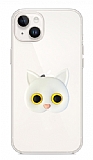 iPhone 14 Plus Kedi Figürlü Telefon Tutuculu Beyaz Silikon Kılıf