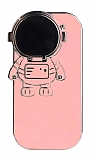 iPhone XR Astronot Kamera Korumalı Standlı Pembe Silikon Kılıf