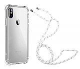 iPhone XS Max Beyaz Çizgili Askılı Şeffaf Silikon Kılıf