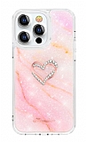 Kingxbar Double Heart iPhone 13 Pro Swarovski Taşlı Pembe Rubber Kılıf