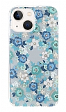 Kingxbar iPhone 13 Swarovski Taşlı Kristal Çiçekli Mavi Kılıf