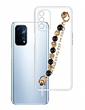 Oppo A74 Siyah İncili Gold Zincirli Şeffaf Silikon Kılıf