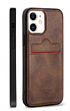 Rich Boss iPhone 12 Kartlıklı Koyu Kahverengi Deri Kılıf
