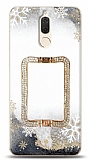 Huawei Mate 10 Lite Snowflake Crystal Kare Gold Taşlı Tutuculu Resimli Kılıf
