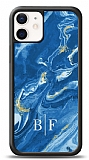 Dafoni Glossy iPhone 12 Mini 5.4 inç Kişiye Özel İki Harf Simli Mavi Mermer Kılıf