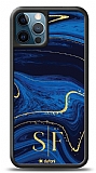 Dafoni Glossy iPhone 12 Pro Max 6.7 inç Kişiye Özel Çift Harf Simli Lacivert Mermer Kılıf