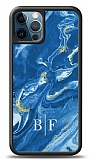 Dafoni Glossy iPhone 12 Pro Max 6.7 inç Kişiye Özel İki Harf Simli Mavi Mermer Kılıf